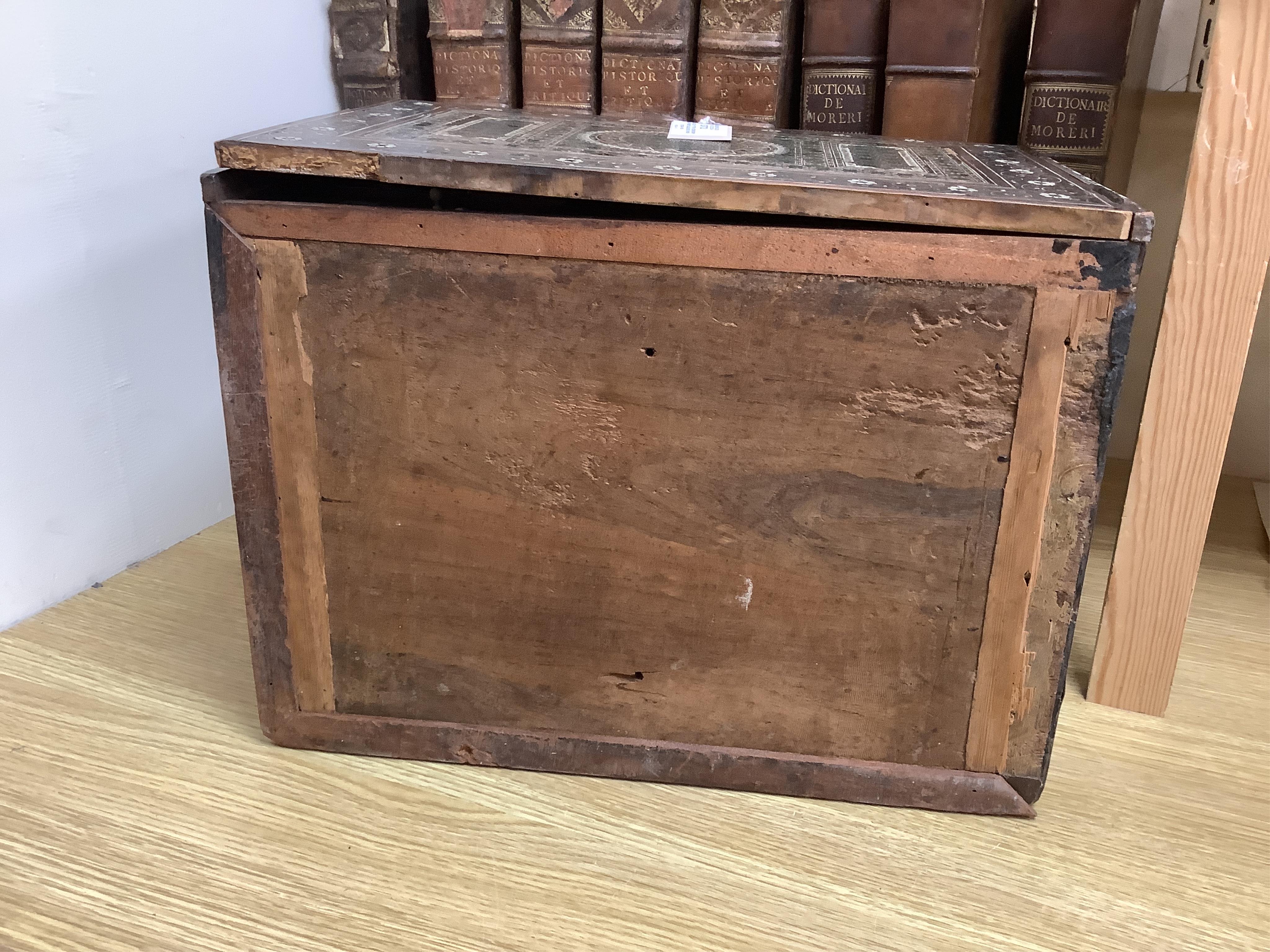 An early 17th century Indo-Portuguese ivory inlaid table cabinet, Gujarat, 29cm high. Condition - poor, losses CITES Submission reference 3XBFQXPT